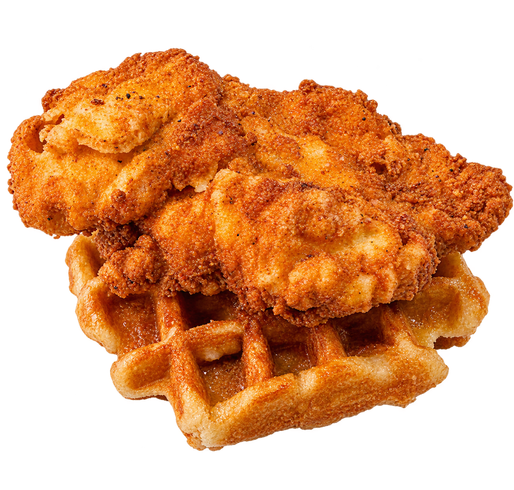 Chicken and waffle with butter and syrup